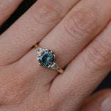 1.50ct Untreated Fantasy Cut Tanzanian Sapphire and Diamond Milgrain Three Stone Low Profile Ring in 14k Yellow Gold