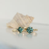 2.06ct Round Untreated Teal Montana Sapphire Hidden Halo Low Profile Evergreen Carved Four Prong Solitaire in 14k Yellow Gold