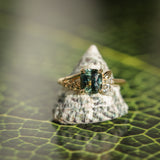 1.75ct Multicolor Cushion Cut Madagascar Sapphire in Wandering Vine Low Profile 4 Prong Setting with Diamonds in 14k Yellow