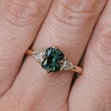 1.10ct Fantasy Cut Kenyan Sapphire and Diamond Milgrain Three Stone Low Profile Ring in 14k Yellow Gold