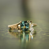 1.75ct Multicolor Cushion Cut Madagascar Sapphire in Wandering Vine Low Profile 4 Prong Setting with Diamonds in 14k Yellow