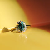 2.32ct Oval Teal Songean Sapphire Antique-Style Diamond Halo Ring in 18k Yellow Gold