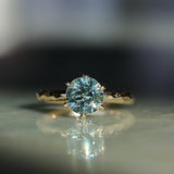 2.10ct Round Parti Blue Montana Sapphire Six Prong Evergreen Carved Solitaire in 14k Yellow Gold