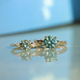 2.06ct Round Untreated Teal Montana Sapphire Hidden Halo Low Profile Evergreen Carved Four Prong Solitaire in 14k Yellow Gold