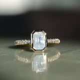 2.10ct Untreated Opalescent Radiant Cut Sapphire Low Profile Bezel Solitaire Ring with Pavé Set Diamonds in 14k Yellow Gold