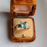 4.58ct Emerald Cut Teal Sapphire Triple Band with Diamonds and Evergreen Texture 4 Prong Low Profile Ring in 18k Yellow Gold