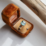 4.58ct Emerald Cut Teal Sapphire Triple Band with Diamonds and Evergreen Texture 4 Prong Low Profile Ring in 18k Yellow Gold