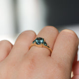 1.82ct Round Teal Precision Cut Montana Sapphire and Trillion Sapphire Low Profile Three Stone Ring in 18k Yellow Gold