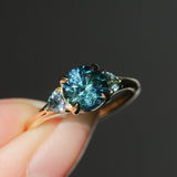 1.82ct Round Teal Precision Cut Montana Sapphire and Trillion Sapphire Low Profile Three Stone Ring in 18k Yellow Gold