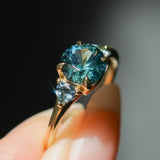 1.82ct Round Teal Precision Cut Montana Sapphire and Trillion Sapphire Low Profile Three Stone Ring in 18k Yellow Gold