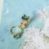 4.58ct Emerald Cut Teal Sapphire Triple Band with Diamonds and Evergreen Texture 4 Prong Low Profile Ring in 18k Yellow Gold