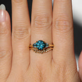 1.82ct Round Teal Precision Cut Montana Sapphire and Trillion Sapphire Low Profile Three Stone Ring in 18k Yellow Gold