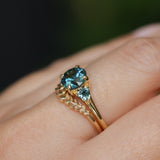 1.82ct Round Teal Precision Cut Montana Sapphire and Trillion Sapphire Low Profile Three Stone Ring in 18k Yellow Gold