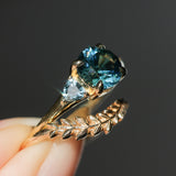 1.82ct Round Teal Precision Cut Montana Sapphire and Trillion Sapphire Low Profile Three Stone Ring in 18k Yellow Gold