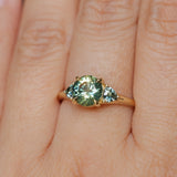 1.50ct Round Parti Yellow Blue Precision Cut Montana Sapphire and Trillion Sapphire Low Profile Three Stone Ring in 18k Yellow Gold