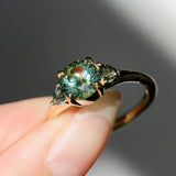 1.50ct Round Parti Yellow Blue Precision Cut Montana Sapphire and Trillion Sapphire Low Profile Three Stone Ring in 18k Yellow Gold