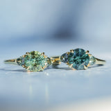 1.50ct Round Parti Yellow Blue Precision Cut Montana Sapphire and Trillion Sapphire Low Profile Three Stone Ring in 18k Yellow Gold