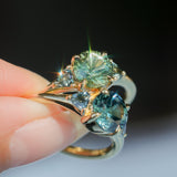 1.50ct Round Parti Yellow Blue Precision Cut Montana Sapphire and Trillion Sapphire Low Profile Three Stone Ring in 18k Yellow Gold