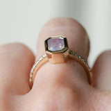 2.10ct Untreated Opalescent Radiant Cut Sapphire Low Profile Bezel Solitaire Ring with Pavé Set Diamonds in 14k Yellow Gold