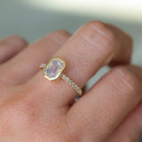 2.10ct Untreated Opalescent Radiant Cut Sapphire Low Profile Bezel Solitaire Ring with Pavé Set Diamonds in 14k Yellow Gold
