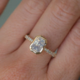 2.10ct Untreated Opalescent Radiant Cut Sapphire Low Profile Bezel Solitaire Ring with Pavé Set Diamonds in 14k Yellow Gold