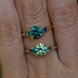 1.50ct Round Parti Yellow Blue Precision Cut Montana Sapphire and Trillion Sapphire Low Profile Three Stone Ring in 18k Yellow Gold