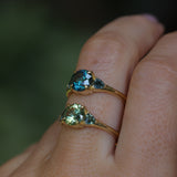 1.50ct Round Parti Yellow Blue Precision Cut Montana Sapphire and Trillion Sapphire Low Profile Three Stone Ring in 18k Yellow Gold