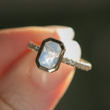 2.10ct Untreated Opalescent Radiant Cut Sapphire Low Profile Bezel Solitaire Ring with Pavé Set Diamonds in 14k Yellow Gold