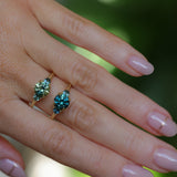 1.82ct Round Teal Precision Cut Montana Sapphire and Trillion Sapphire Low Profile Three Stone Ring in 18k Yellow Gold