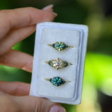 1.82ct Round Teal Precision Cut Montana Sapphire and Trillion Sapphire Low Profile Three Stone Ring in 18k Yellow Gold