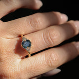 1.50ct Untreated Fantasy Cut Tanzanian Sapphire and Diamond Milgrain Three Stone Low Profile Ring in 14k Yellow Gold