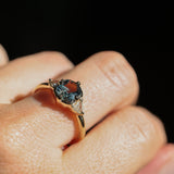 1.50ct Untreated Fantasy Cut Tanzanian Sapphire and Diamond Milgrain Three Stone Low Profile Ring in 14k Yellow Gold