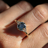 1.50ct Untreated Fantasy Cut Tanzanian Sapphire and Diamond Milgrain Three Stone Low Profile Ring in 14k Yellow Gold