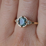 1.50ct Untreated Fantasy Cut Tanzanian Sapphire and Diamond Milgrain Three Stone Low Profile Ring in 14k Yellow Gold