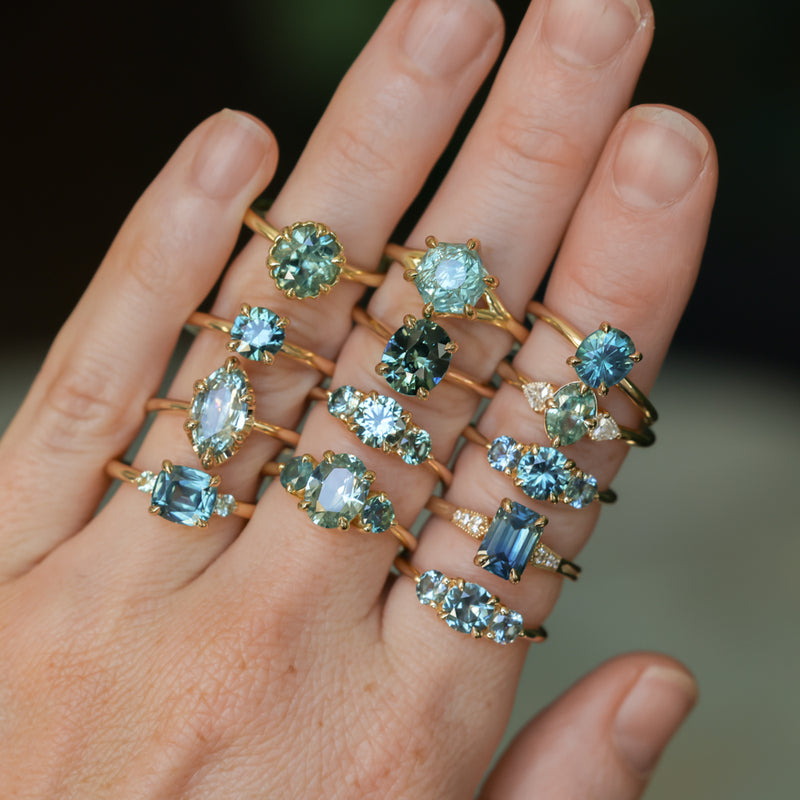 2.17ct Antique Style Unheated Cushion Cut Montana Sapphire Dainty Three Stone Ring in 14k Yellow Gold