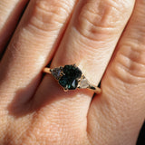 1.10ct Fantasy Cut Kenyan Sapphire and Diamond Milgrain Three Stone Low Profile Ring in 14k Yellow Gold