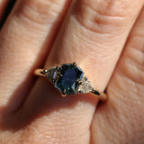 1.10ct Fantasy Cut Kenyan Sapphire and Diamond Milgrain Three Stone Low Profile Ring in 14k Yellow Gold