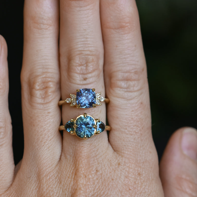 2.36ct Fancy Cushion Cut Montana Sapphire and Australian Sapphire Antique Compass Set Low Profile Ring in 18k Yellow Gold