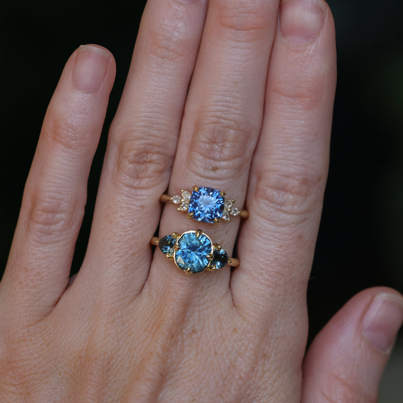 2.36ct Fancy Cushion Cut Montana Sapphire and Australian Sapphire Antique Compass Set Low Profile Ring in 18k Yellow Gold