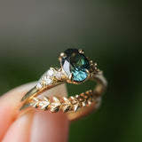 1.26ct Untreated Nigerian Oval Teal Blue Sapphire and Diamond Starry Night Stackable Solitaire in 18k Yellow Gold