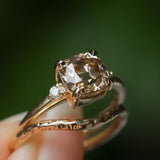 2.01ct GIA Natural Champagne Cushion Cut Diamond and White Diamond Low Profile East-West Ring in 14k Yellow Gold