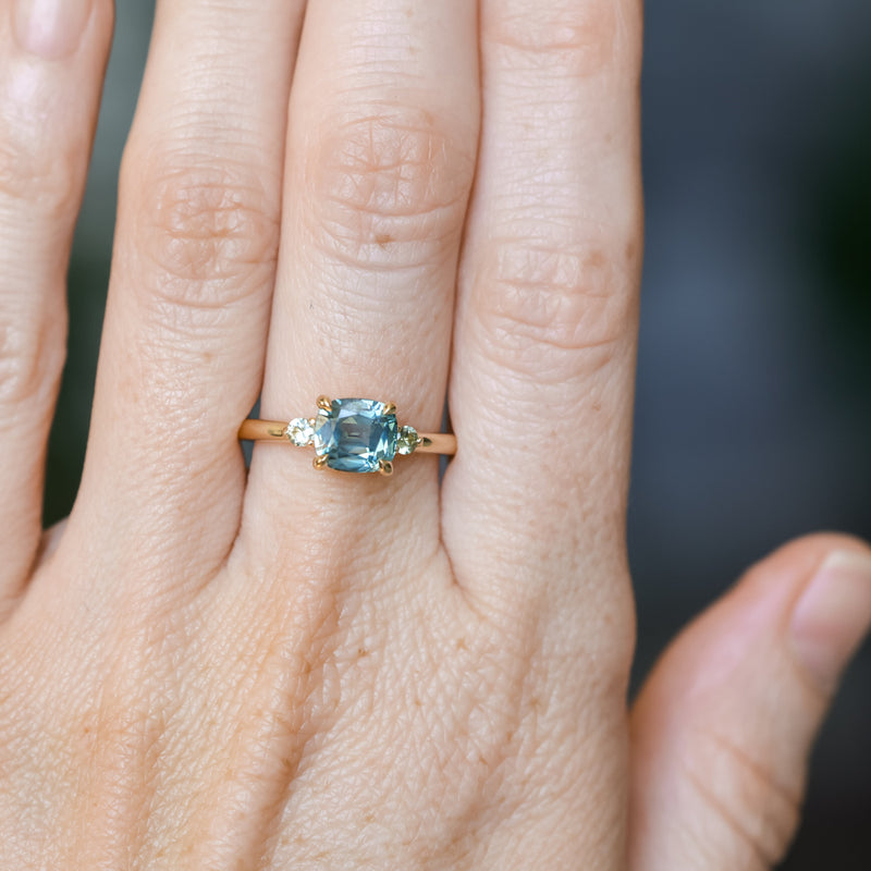 2.17ct Antique Style Unheated Cushion Cut Montana Sapphire Dainty Three Stone Ring in 14k Yellow Gold