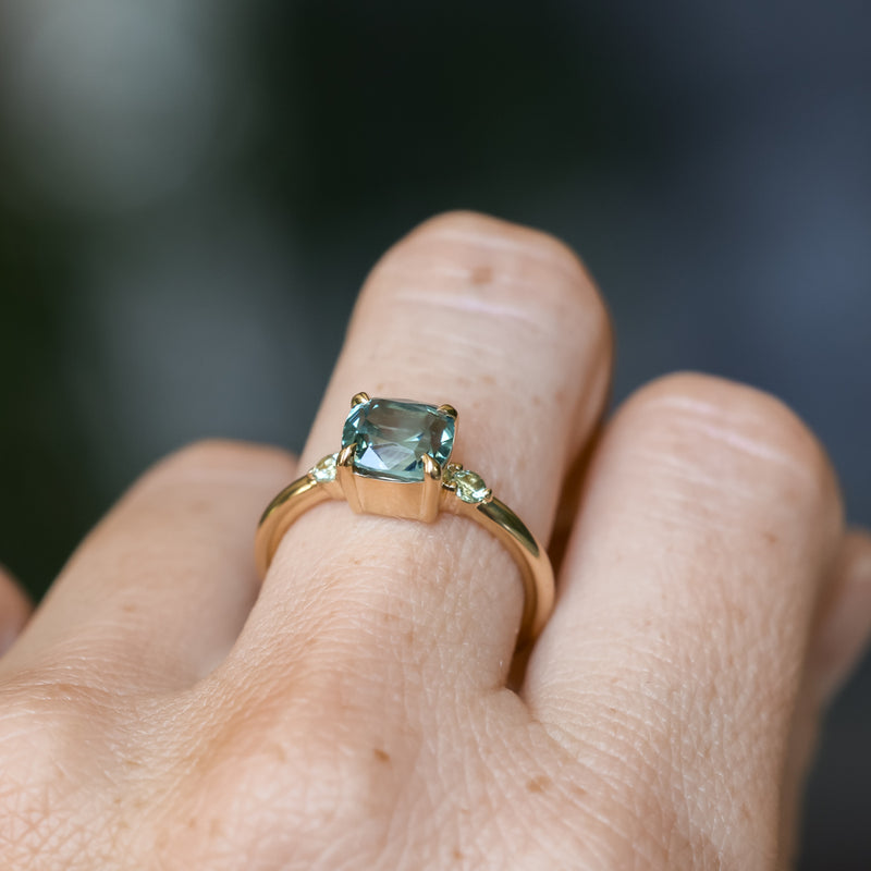 2.17ct Antique Style Unheated Cushion Cut Montana Sapphire Dainty Three Stone Ring in 14k Yellow Gold