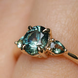 1.51ct Oval Teal Blue Precision Cut Montana Sapphire and Pear Sapphire Low Profile Three Stone Ring in 14k Yellow Gold