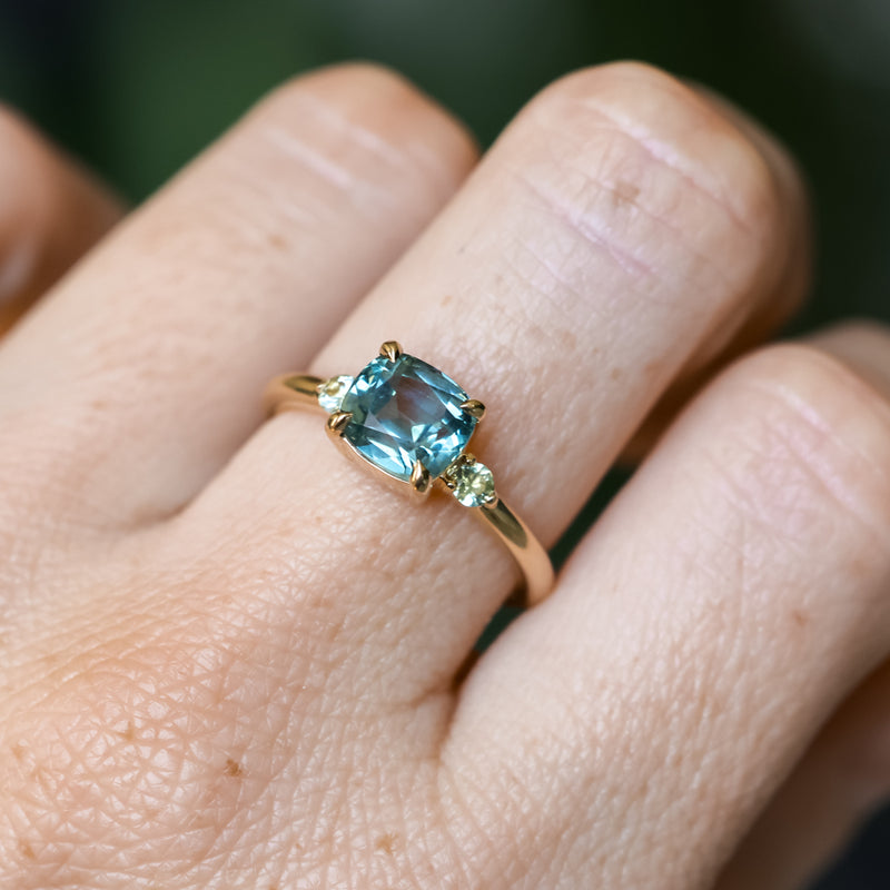 2.17ct Antique Style Unheated Cushion Cut Montana Sapphire Dainty Three Stone Ring in 14k Yellow Gold