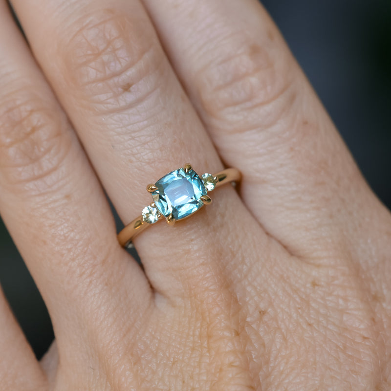 2.17ct Antique Style Unheated Cushion Cut Montana Sapphire Dainty Three Stone Ring in 14k Yellow Gold