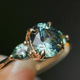1.51ct Oval Teal Blue Precision Cut Montana Sapphire and Pear Sapphire Low Profile Three Stone Ring in 14k Yellow Gold