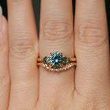 1.51ct Oval Teal Blue Precision Cut Montana Sapphire and Pear Sapphire Low Profile Three Stone Ring in 14k Yellow Gold