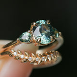 1.51ct Oval Teal Blue Precision Cut Montana Sapphire and Pear Sapphire Low Profile Three Stone Ring in 14k Yellow Gold