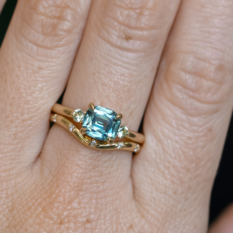 2.17ct Antique Style Unheated Cushion Cut Montana Sapphire Dainty Three Stone Ring in 14k Yellow Gold